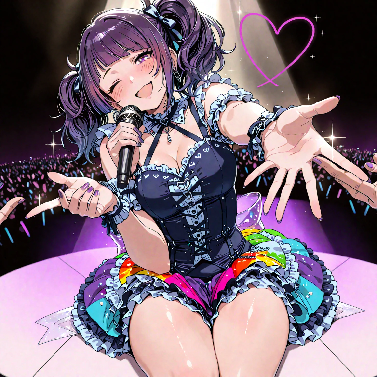 1girl,solo,cute,smile,close eyes,open mouth,purple hair,twin tail,idol,black dress,big breast,cleavage,singing,on the stage,spotlight