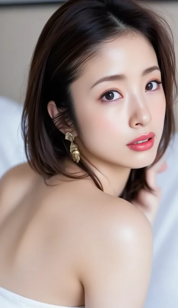 (Purple sexy silk underwear, No bra, The shape of the nipples is visible, Spread your legs a little:1.5),

((Age 25, Elegant beautiful female announcer, Sexy body, Naughty older sister, She shows me her breasts and seduces me:1.4)),
((Small breasts, Flat Chest, Your nipples are red:1.2)),
((She looks like she wants to be kissed., Looking forward:1.2)),

((I love you?, I want to kiss you?, I want to fuck you?, cheat with me?:1.2)),
((Where are you touching? You&#39;re so naughty.！,Your dick is getting hard,You were thinking about something naughty:1.2)),

((Hotel Bedroom, Complete darkness, The night view is visible in the distance:1.2)), 
((Just me and my girlfriend, Making love while lying on your back in bed, I kiss her, It feels so good to be kissed by her plump lips, I fondle her breasts through her clothes, She also licked my dick, She gets so comfortable she gets totally naked, Her  are incredible, I gently lick her nipples, She climbs on top of me、I inserted my penis between her legs in the cowgirl position., Her moans get louder、I feel ecstasy, I also feel good、The pace of her hips gradually increases, Her face is cute when she feels it :1.3)),
((I splashed a load of my cum all over her pretty face:1.2)),

Eye focus, Narrow shoulders, Beautiful clavicle, Long, slender legs, The back of the hand is beautiful and feminine, 
Slender figure, A soft belly, Thin waist, 
Ultra detailed face, Ultra detailed breasts, Ultra-detailed skin, Fair skin, Glossy Skin, 

Ultra-detailed lips, Fuller lips, Glossy pink lips, Flushed Cheeks, White teeth, 
Beautiful actress&#39;s languid make-up, Pink lipstick, 
Dark Brown Hair, Delicate soft hair, 
(Put your hair up, Medium Short Hair, Layered:1.2), (Blunt bangs:1.2), 
(Stylish looking earrings,necklace:1.2), 
