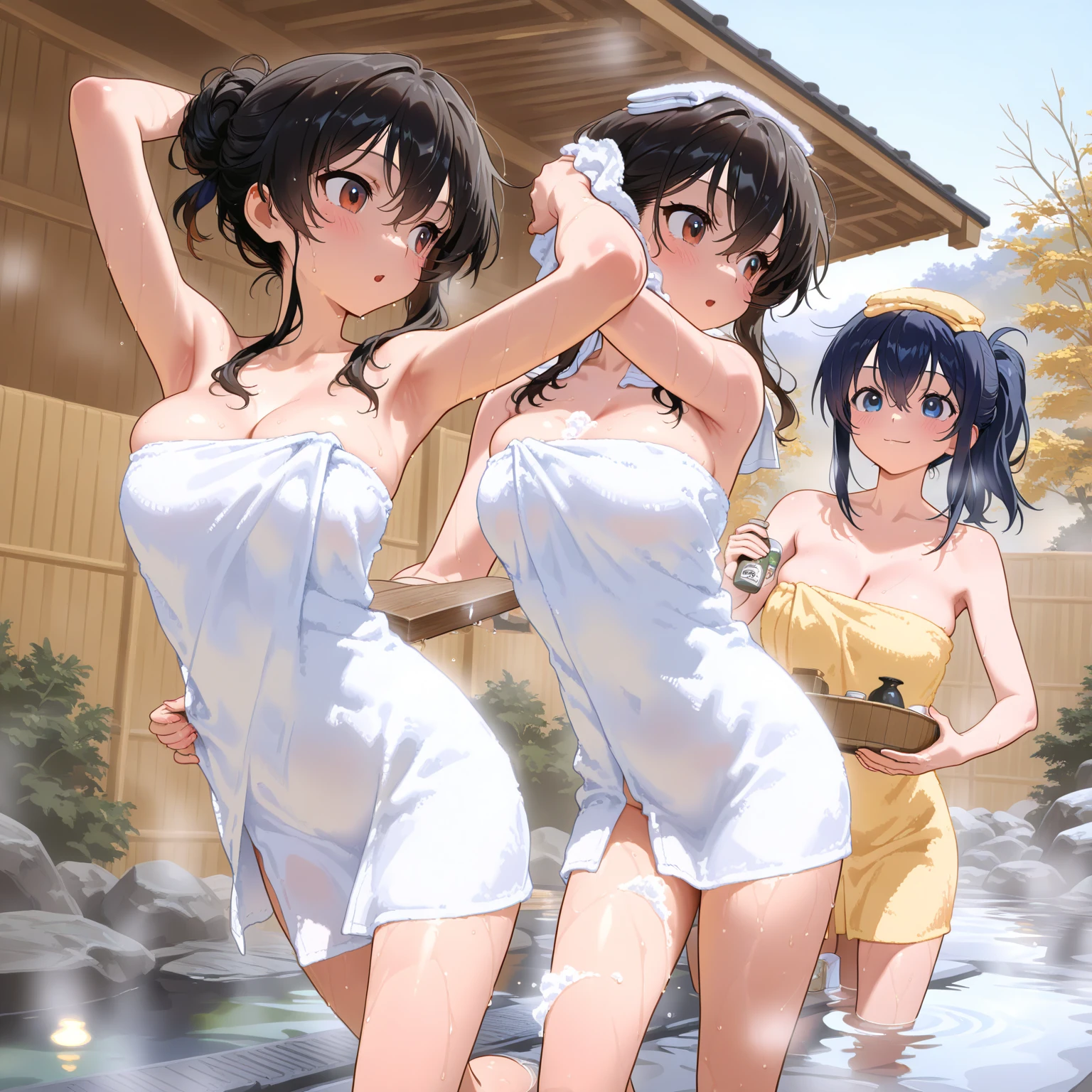 (masterpiece), best quality, (16k), expressive eyes, perfect face, lady, 3 girls, large breast, navel, (((topless))), (((wet navy blue solid pencil mini skirt))), bare arms, bare legs, shiny skin, wet body, outdoors, in the waterfalls, wading, brown hair, wet hair, Lower ponytail, closed eyes, :), standing, (cowboy shot), ((from behind)),