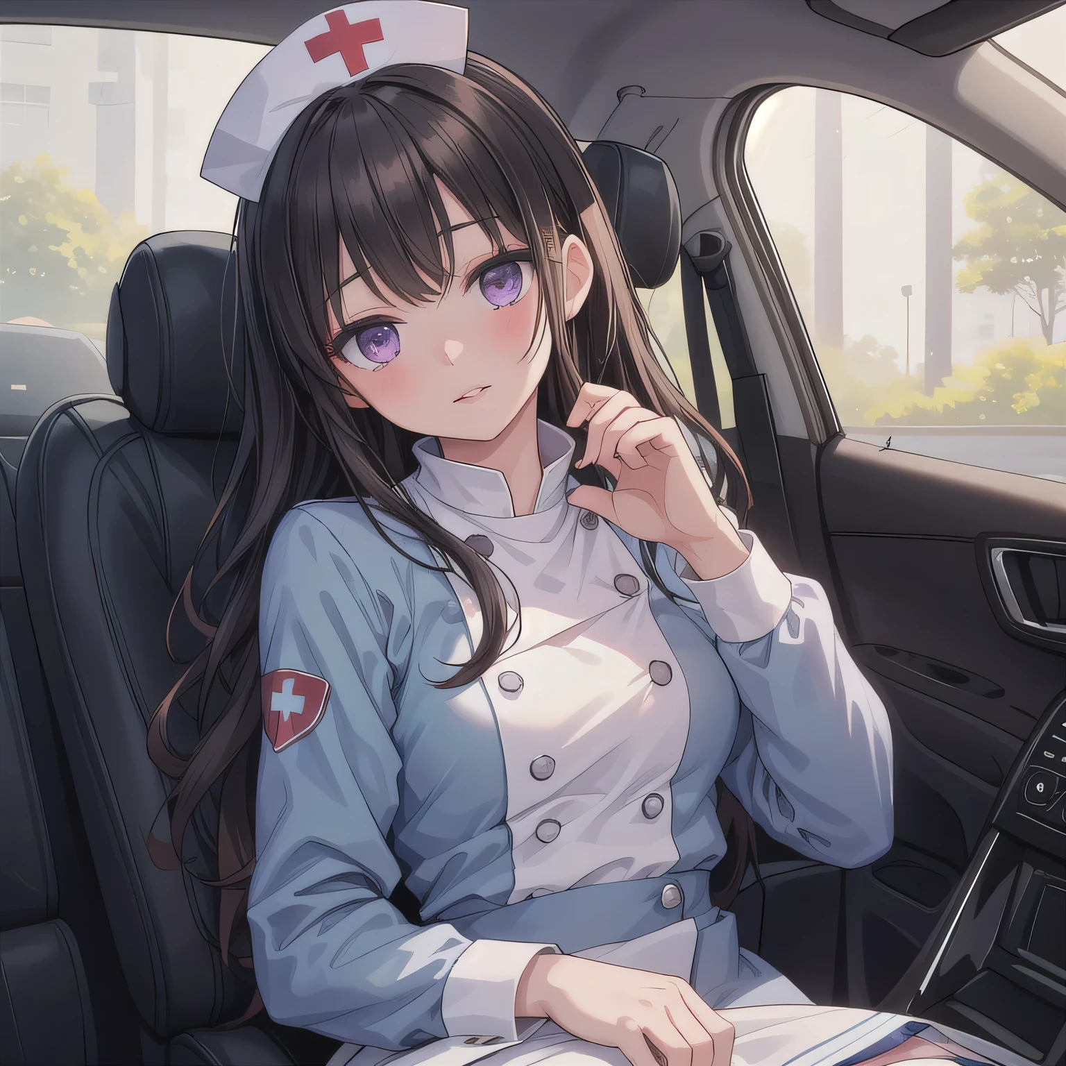 A beautiful girl sitting in the passenger seat of a compact car. She's wearing a light blue nurse uniform with a matching nurse cap, styled in a soft, elegant way. She leans slightly toward the driver's seat, her upper body tilted forward naturally. Her hands are gently held close to her mouth in a tender, thoughtful gesture, as if she's imagining holding something important and delicious. Her lips are slightly parted, and her expression is dreamy, blissful, and full of quiet delight, as if savoring a moment in her mind. The scene is warmly lit, cozy, and filled with a subtle sense of intimacy inside the small car interior. No food is visible. dark hair, long hair, purple eyes.