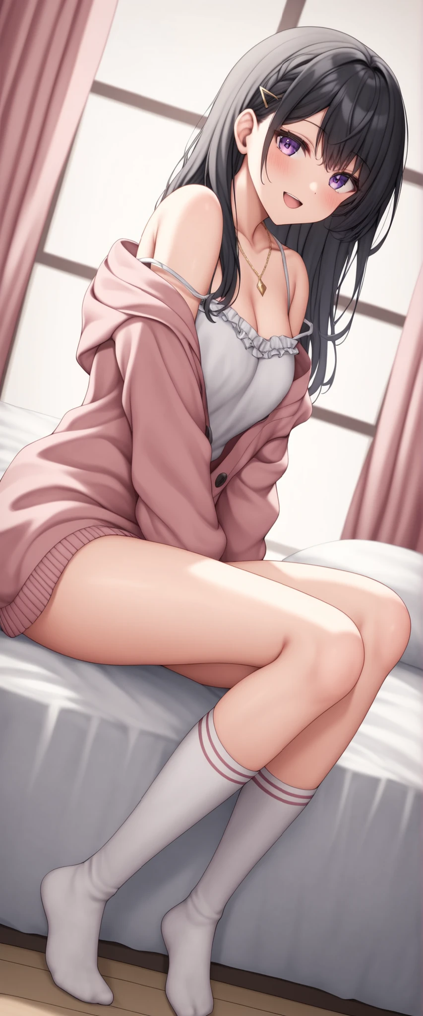 (table top, highest quality, High resolution, , perfect pixel, 4k,), 1 girl, single, alone, Beautiful woman、I could see the whole body、 ((wavy middle hair, bangs, brown hair)), ((brown eyes, beautiful eyelashes, realistic eyes)), ((detailed face, blush:1.2)), ((smooth texture:0.75, realistic texture:0.65, realistic:1.1, Anime CG style)), medium breasts, dynamic angle, perfect body, ((, beige off shoulder sweater、Tight denim skirt、black stockings、cute necklace、earrings、)), upper grade、shy smile、Luxury hotel room、sleep on your back in bed、((open legs))、angle from below、Put your arms together to accentuate your cleavage、、((Pink lace panties are visible))、