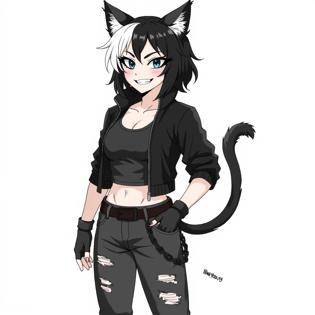 a cartoon of a woman in a black top and black pants, anime style character, attractive cat girl, anime character, beautiful young girl, female anime character, anime catgirl, cat girl, official character art, anime full body illustration, single character full body, anime character; full body art,