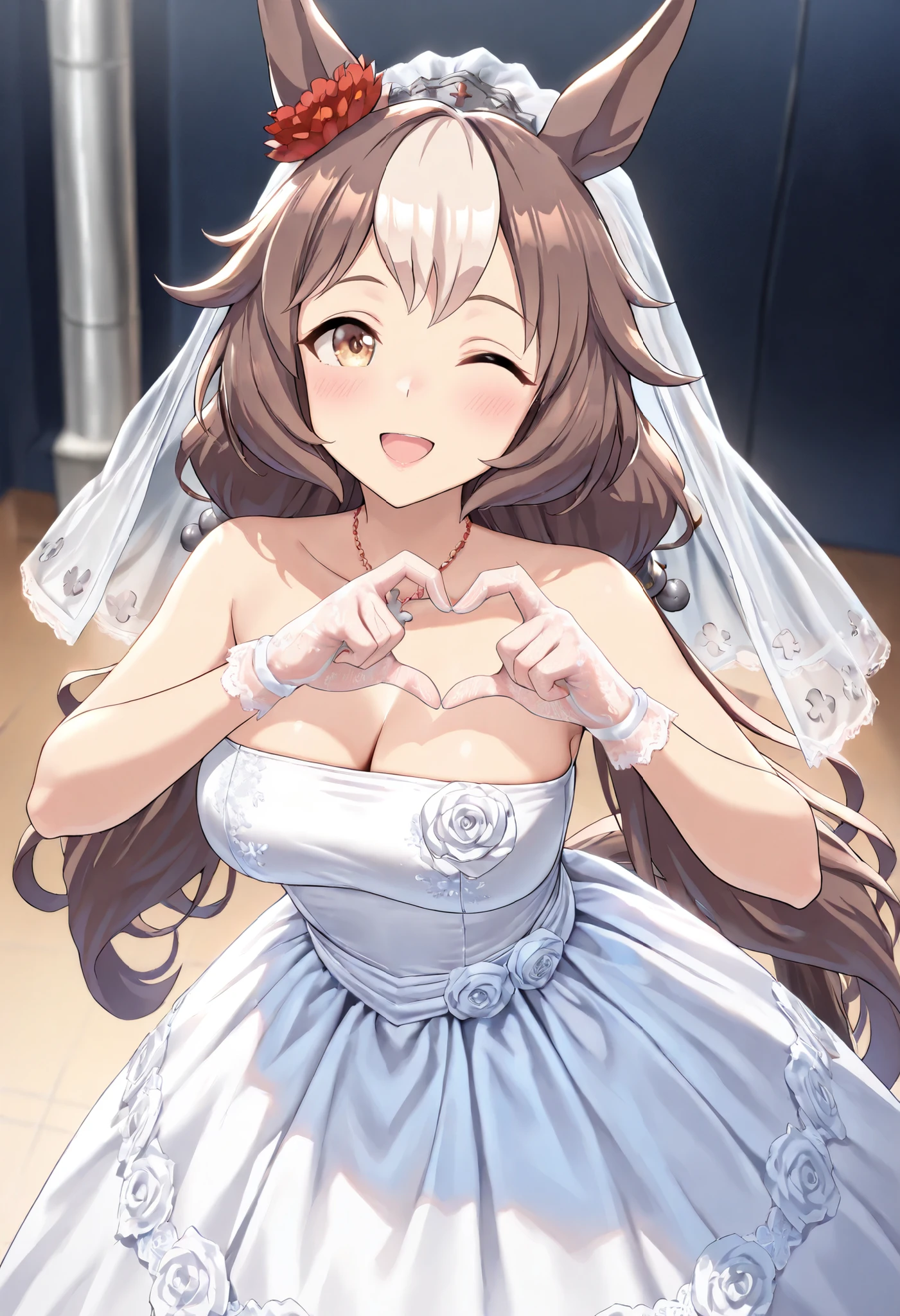 (masterpiece, best quality, perfect face:1.4), wide angle, yamanin zephyr \(umamusume\), 1girl, horse ears, red ear ornament, silver hair ornament, horse tail, tail on the lower back, proportional body, proportional, beautiful hair, beautiful face, beautiful detailed eyes, beautiful clavicle, beautiful body, beautiful chest, beautiful thigh, beautiful legs, beautiful fingers, looking at viewer, BREAK, beautiful bride wearing beautiful wedding dress, (bridal veil:1.5), (Transparent short veil:1.5), (tube top wedding dress:1.5), (Silk dress:1.2), (Strapless wedding dress:1.5), pure white dress, necklace, lipstick, (lace gloves:1.5), long white dress, BREAK, Leaning forward, look up, Tilt your head, (((Heart Hands))), BREAK, blush happy smile (open mouth), one eyed closed, textured skin, realistic skin, HDR, BREAK, good hands