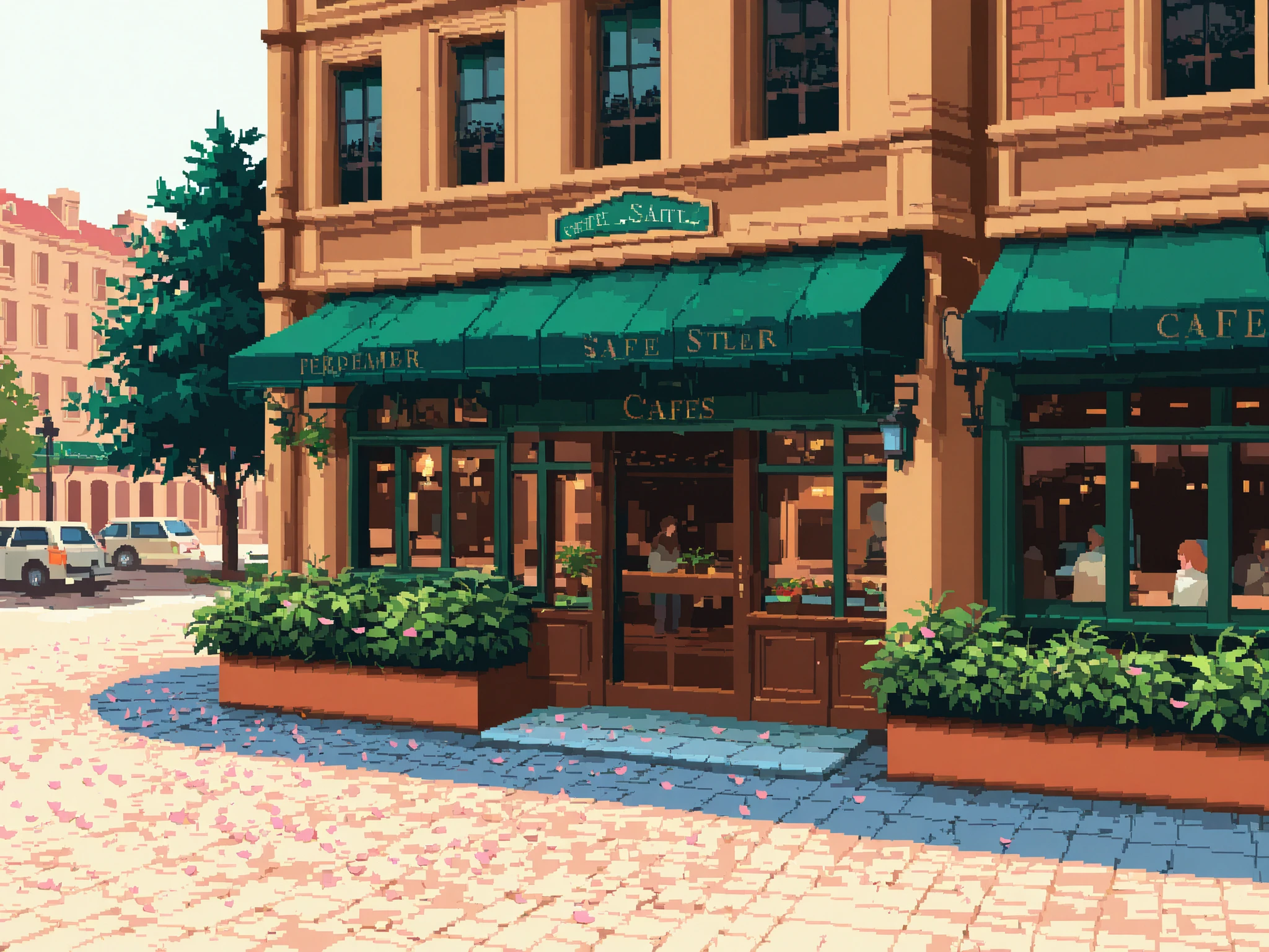 very wide shot, Parisian street with cafes, passengers, greenery, petals, (overlooking:1.3), pixel art, twilight