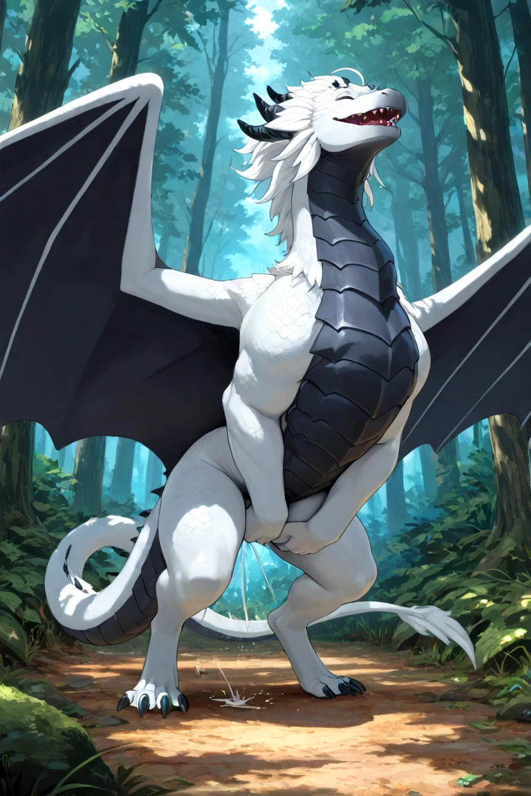 Dragon, feral, anatomicamente animal, male, solo, big black equine penis, by bebebebebe, best quality, balls, grass, white body, paws, perspective, standing, four paws
