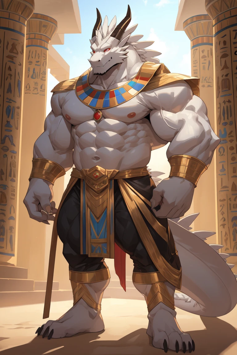 Solo, male, albino jackal, in one color tone, with tall jackal ears, ancient Egyptian, in gold shoulder cape, navel showing, in gold leather thong, chest, big chest view, ((focus body, furry focus, shades focus, body shades)) (((gray background, gray wallpaper, one color))), by darkgem, by mystikfox61, by glitter trap boy, albino, all white fur, red eyes, pink nose, navel, bulge, full body view, furry tail, small belly, front view, looking at viewer
