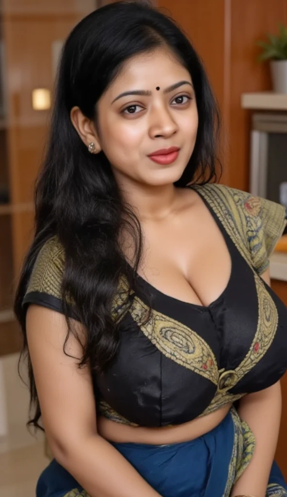A Solo Beautiful Mature Hot Indian Bhabhi Women wearing Black Blouses and Black Sarees ,Black Lipstick , Little Chubby . Smiling Face. Huge and Big .( Standing )( Realistic ).( Outside Views ).