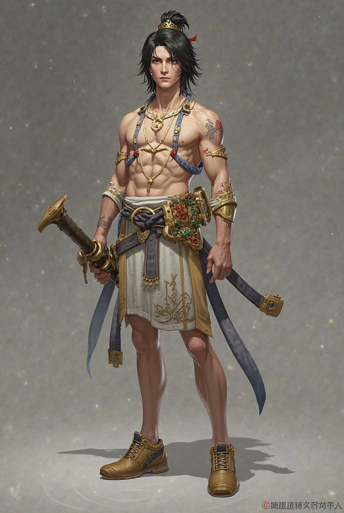 Ashura Statue、Vajra statue、Male figure、Toned, muscular body、Handsome Buddha Statue、Thin arms、Thin legs、Unhealthy body、Faded statue、Dirty surface、Stylish statues、Clay art、Surface dirt、Rock pigments、Robes、Faded、Ashura Kannon、Art Sculpture、national treasures、Random Pause、Simple Background、pedestal、