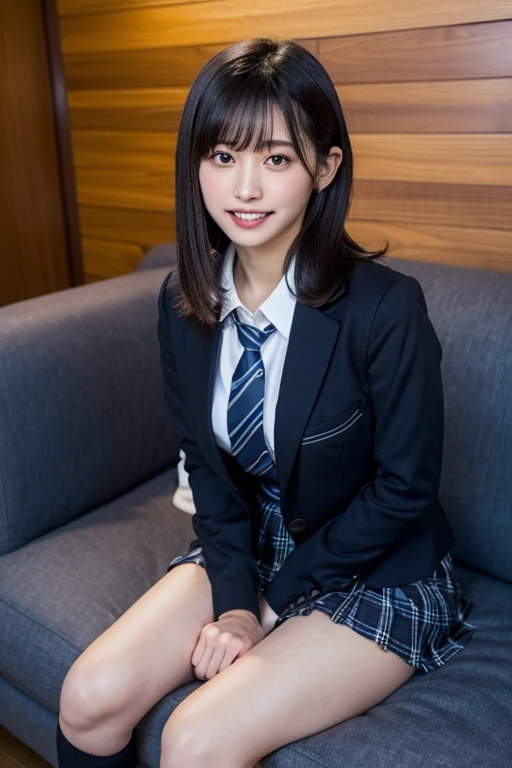 (8K), (highest quality: 1.2), (realistic), (realistic: 1.37), ultra high resolution, (1 girl、17 years old), cute, smile, closed mouth, beautiful details, beautiful nose, wet hair, giant dulcefo, pork, thighs，Self snap,High school Student Uniform,(A simple navy blue blazer),pleated skirt,(The skirt and tie are gray tartan check pattern....:1.3),(sitting:1), sit on the ground,(hug your feet:1),white pantyhose,from the front,knees、loafers、Low - Angle、From the front view、Checkered Pleated Skirt、Ponytail 1.2、Knee-high socks、barefoot、((Between the legs、Panties that fit the female genitals、White panties、膝を上げて、お尻を床に付けて座る))