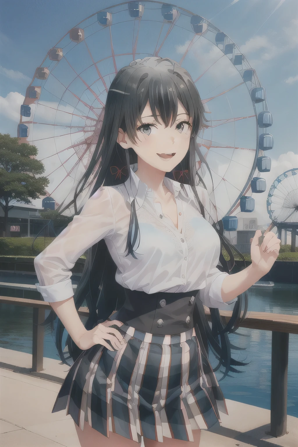 A woman with a lovely smile，can you draw a woman laughing in front of the ferris wheel at Kasai Rinkai Park，a 20-year-old adult woman with a nice smile，with long black hair at Kasai Rinkai Park，with big breasts、with a thin waist，I need a face，white blouse，navy blue pleated mini skirt，