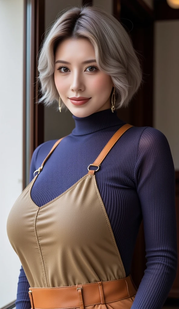 24-year-old woman,Hairstyle is blonde short hair,The skeleton is straight,A body with just the right amount of flesh,Japanese skin tone with brown eyes,The outfit is a grey turtleneck sweater and black bottoms.,The moment she noticed me and turned around,Her chest is E cup,The place is a café