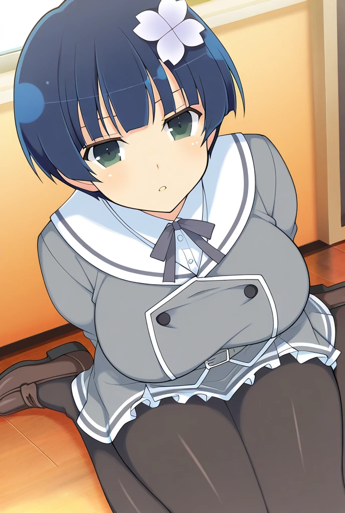 masterpiece, best quality, 
yozakura (senran kagura), 1girl, solo, short hair, blue hair, blue eyes, large breasts, hair ornament, hair flower, 
flower, emblem, 
white background, looking at viewer, 

Yozakura_School, , white sailor collar, grey jacket, black buttons, grey skirt, skirt frills, neck ribbon, grey belt, black pantyhose, grey loafers, 

nsfw, undressing, nude, nipples, navel, pubic hair, blush, 
ahegao, sweat, (1man and 1woman, having sex), girl on top, straddling, spread legs, penis, pussy juice, 