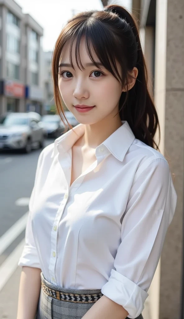 (A high school girl bends down to pick up a bag that was on the ground on a Tokyo street:1.2、blue sky、Cleavage:1.4)、((school uniform、blazer、Pleated skirt、Navy blue socks、loafers)、the wind is strong、(Realistic、Like a photograph、Live Action、8K, Realistic, RAW Photos, Best image quality: 1.4), Single-lens reflex camera、RAW Photos, Highest quality, Realistic, Highly detailed CG Unity 8K wallpaper, Written boundary depth, Cinematic Light, Lens flare, Ray Tracing, Realistic background、((ultra high density skin))、 Teenage girl on her way to school,Cute Japanese、(ＹThe buttons on her shirt are undone, exposing a small portion of her bra.:1.4、Big Breasts、The top part of the bra is visible.)、(whole body:1.5)、Super detailed face，avert your eyes:1.1、(Golden inner color hair、Straight Long Hair:1.2、My hair flutters in the wind:1.4)、I like that style、stylish、Very detailed、Pay attention to the details、Perfect outfit、(Sunburned skin)、View from the front、Accurate hands、Accurate legs、Detailed hands and fingers、Anatomically correct body、Thin legs、Thin thighs、Large Breasts、Detailed bra