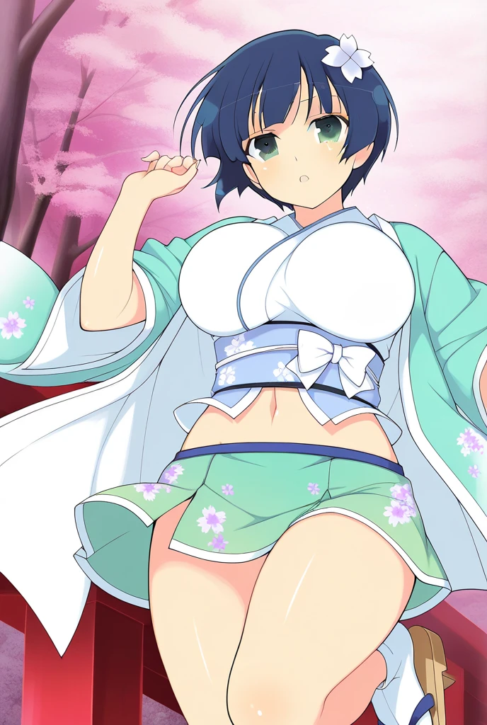 (((so open thighs)), masterpiece, best quality, in the forest at night, night, very dark, sexy look, blush, sweating profusely, yukata is fluttering, sexy bra, sexy panties, squats, light yukata, 20 year old Japan beauty, floral hair ornament, slender, very large breasts, very soft breasts, bob cut hair, colorful hair, outdoors, full body, camel tu,