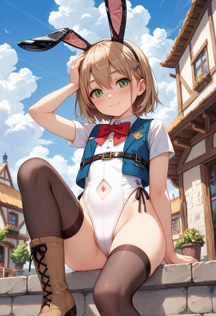 ,1young_teen_ girl,brown_hair,medium_hair,blond_hair,white_leotard,covered_crotch,thigh-highs,smile,town_landscape_background,slightly_spread_legs,happiness, short_gloves ,solo, r18, navel,short,boots,open_mouth,knees,blush,shy,piledriver,(crotch:1.3),blush ,anal,anus,