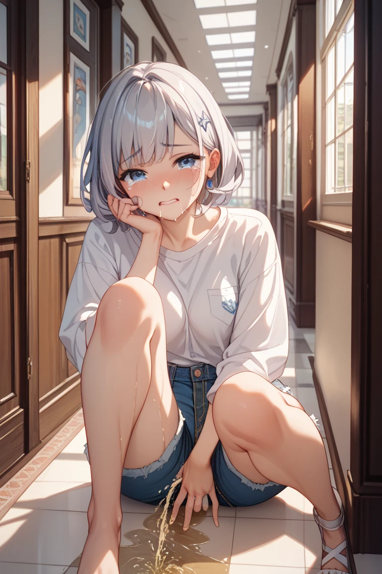 beautiful, (masterpiece:1.2), (best quality:1.2), perfect eyes, perfect face, perfect lighting, 1girl, hair covering one eye, grey sleeveless sweater, look at the viewer, (wide angle:0.8)
,squatting,arms up,((steam,sweat、wet))