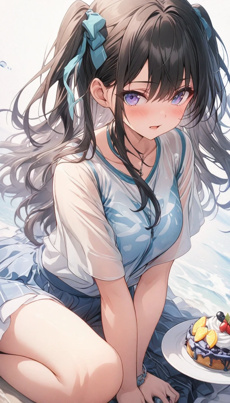 Tazune rirei, nsfw, 8k, ultra-detailed, Masterpiece, best quality, close up face, closed eyes, troubled eyebrows, black hair, side ponytail, middle chest, nipple peel, pink areola, (excessive cum:1.5), (cum facial:1.5), (cum in hair:1.5), closed mouth, blush, embarrassed, garden, outside, school uniform, day, 1girl, solo