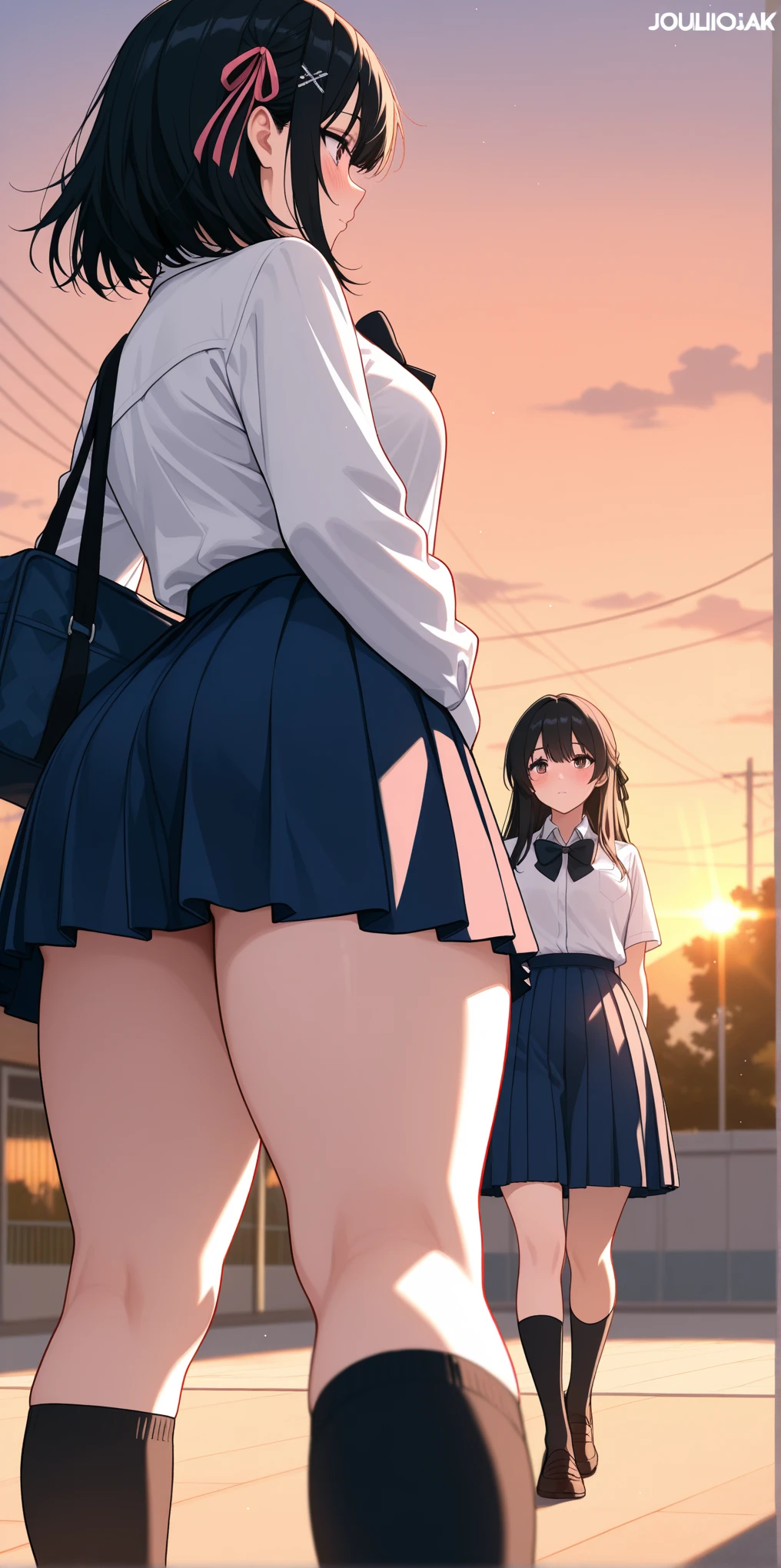 masterpiece, best quality, high resolution , beautiful detailed eyes, half closed eyes, mini skirt, pleated skirt, socks, standing, cowboy shots, show off panties, show off ass, look down, closeup, gigantic breasts, thick thighs, massive thighs, plump, huge hips, huge ass, massive ass, gigantic ass, ass too big to fit in skirt, smug smile, smile, looking at viewer, from behind, from below, looking down, flirting, grabbing ass, hand sinking into ass, white panties, school uniform, schoolgirl, BBW