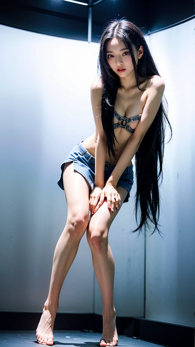 (8K、Raw photography、top-quality、masterpiece:1.2)、(Anatomically correct body、realisitic、Photorealsitic:1.37)、ultra-detailliert、(((Low Angle Full Body Shot)))、realistic eyes and face details、realistic skin textures、natural skin textures、Fair skin、A detailed face、真实感、Realistic background、Realistic lighting、Hallyu idol、T back、Supermodel body type、profetional lighting、darkened room、(Forward leaning position、Small buttocks、skinny thigh、Curvaceous、posterior view、Sweaty lower body)