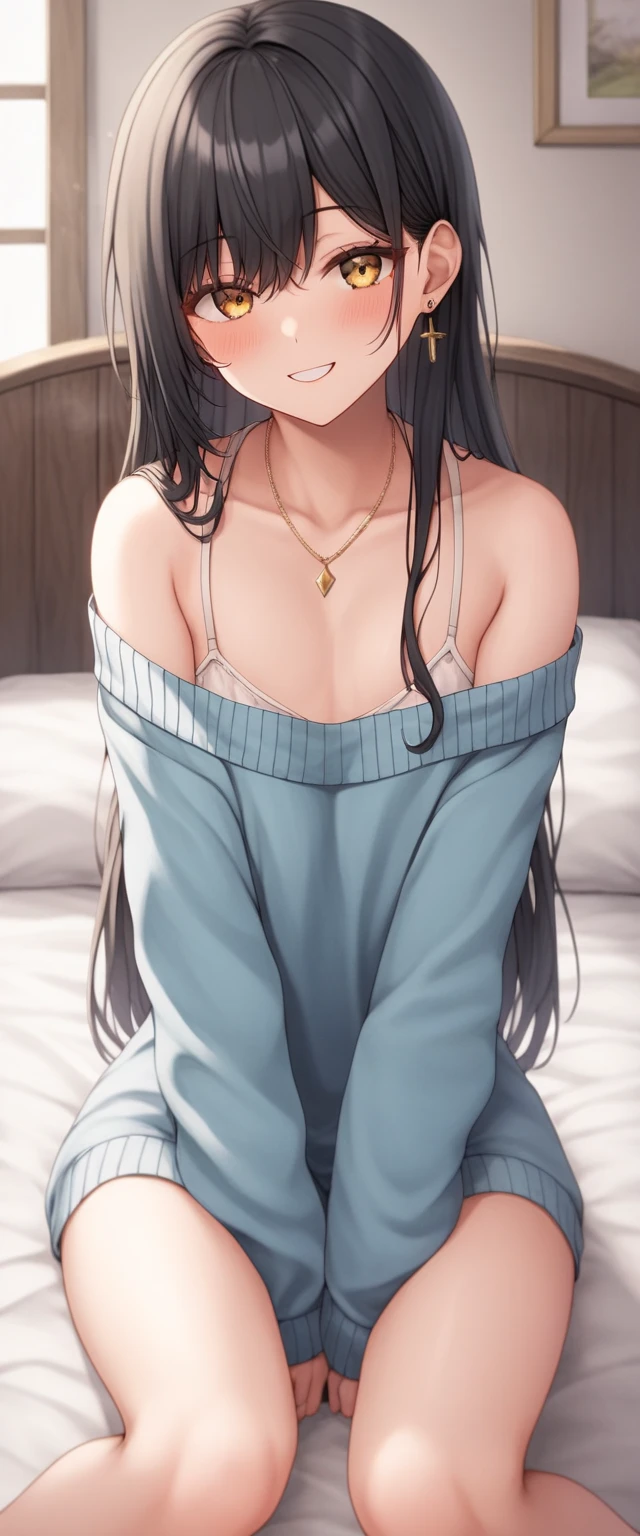 (masterpiece, best quality:1.3), 1 girl, 独奏, teenager,(top quality eyes:1.3),18 year old girl、Loungewear、one piece、bed、My Room、Normal size breasts、cowgirl position, masturbation