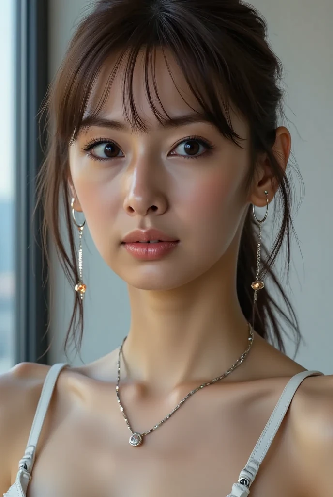 (Realistic, photo-Realistic:1.4), (masterpiece, Highest quality:1.2), RAW Photos, High resolution, Intricate details, Very detailed, Realistic and sharp details, Cinema Lighting,Front view), alone, One girl, Japanese woman, Black Hair,Medium Hair,Parted bangs,Detailed face,Fine grain,Refined nose,Pale skin, clavicle, (Big Breasts:1.2, Cleavage:1.3),The body is slim:1.5, (Rope Bondage:1.5), (Tied up with rope:1.4),((underwear))