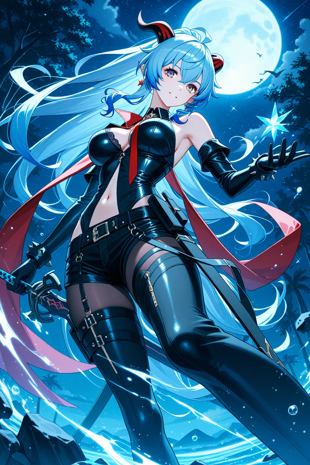 Beautiful girl, highlighted breasts, pirate outfit(trench coat, weapons etc.), long blue hair , tan skin tone, na proa do navio, looking at the starry sky and full moon