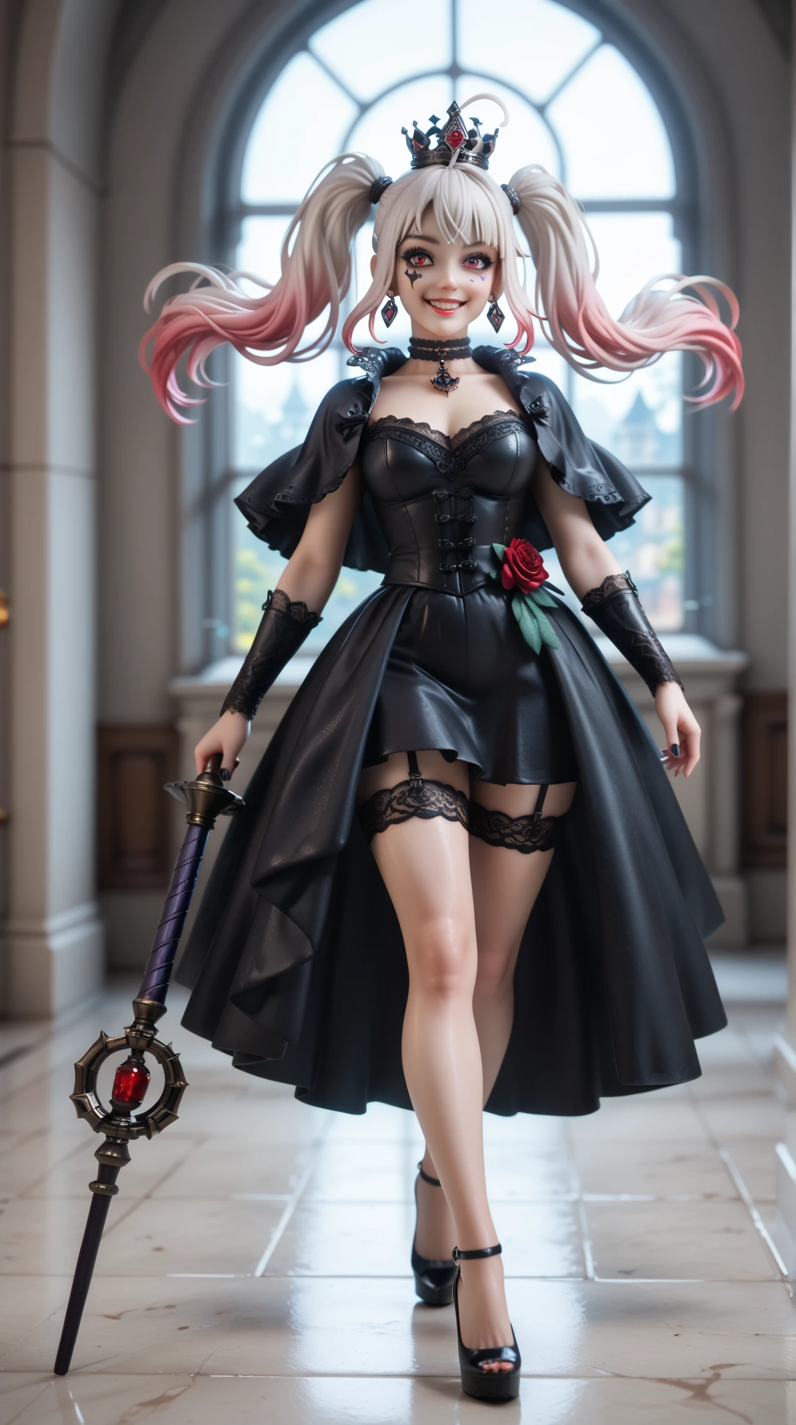 ((Full-length photo, standing, feet on the ground)) ybv1, 1girl, smile, hands on hips, hair flower, gold earrings, gold hairband, holding weapon, dual wielding, long hair, red eyes, rose, short hair with long locks, sidelocks, black thighhighs, thighhighs, fishnet pantyhose