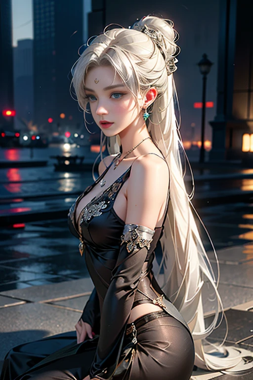 (Masterpiece, Superb Quality, Super Delicate, High Resolution), Perfect Face, Side Light, Glow Skin, (detailed:1.4), 3D,Standing, (Bloom), (Shine), Lighting, Ray Tracing, Sci-Fi, City, Street, Outdoor, Depth of Field, Deep River (Genshin Impact\), Silver Eyes, Hair Above One Eye, (Hair Accessory), Chest, High Heels, Long Hair, Water Whirlwind