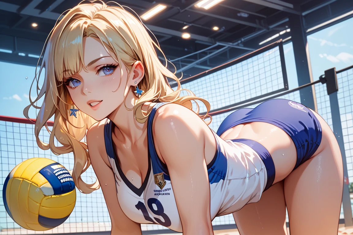 realistically、13-year-old female volleyball player、short black wavy hair、super fit volleyball uniform、Wear volleyball to enlarge short breasts、an sexy、ssmile、Sexy pose on volleyball court，humongous large breast，Heavy，，Beautiful long legs，Tall figure，