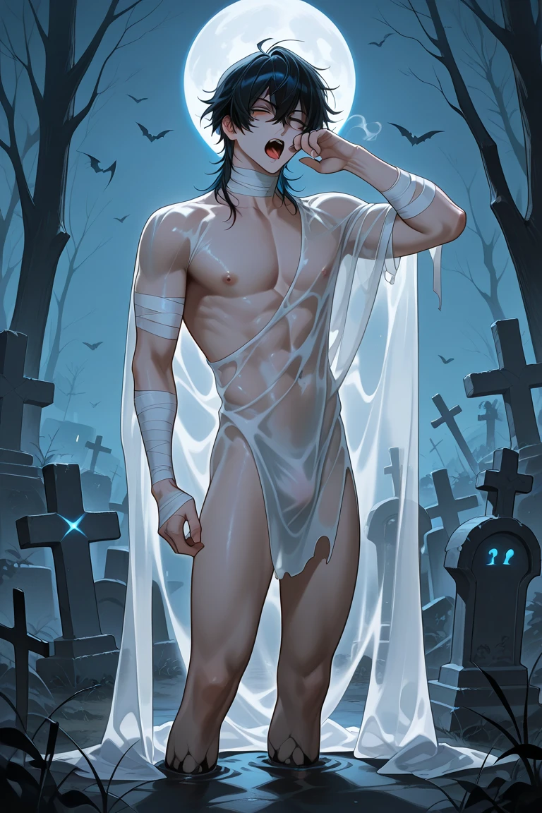 masterpiece, (Best quality), realistic、a handsome white skin guy in sheet ghost costume, white thong, Flawless anatomy、shirtless., ideal male body、male model, majicMIX alpha wheat orange boy band, HD, (8k), Ghost costume - Halloween,