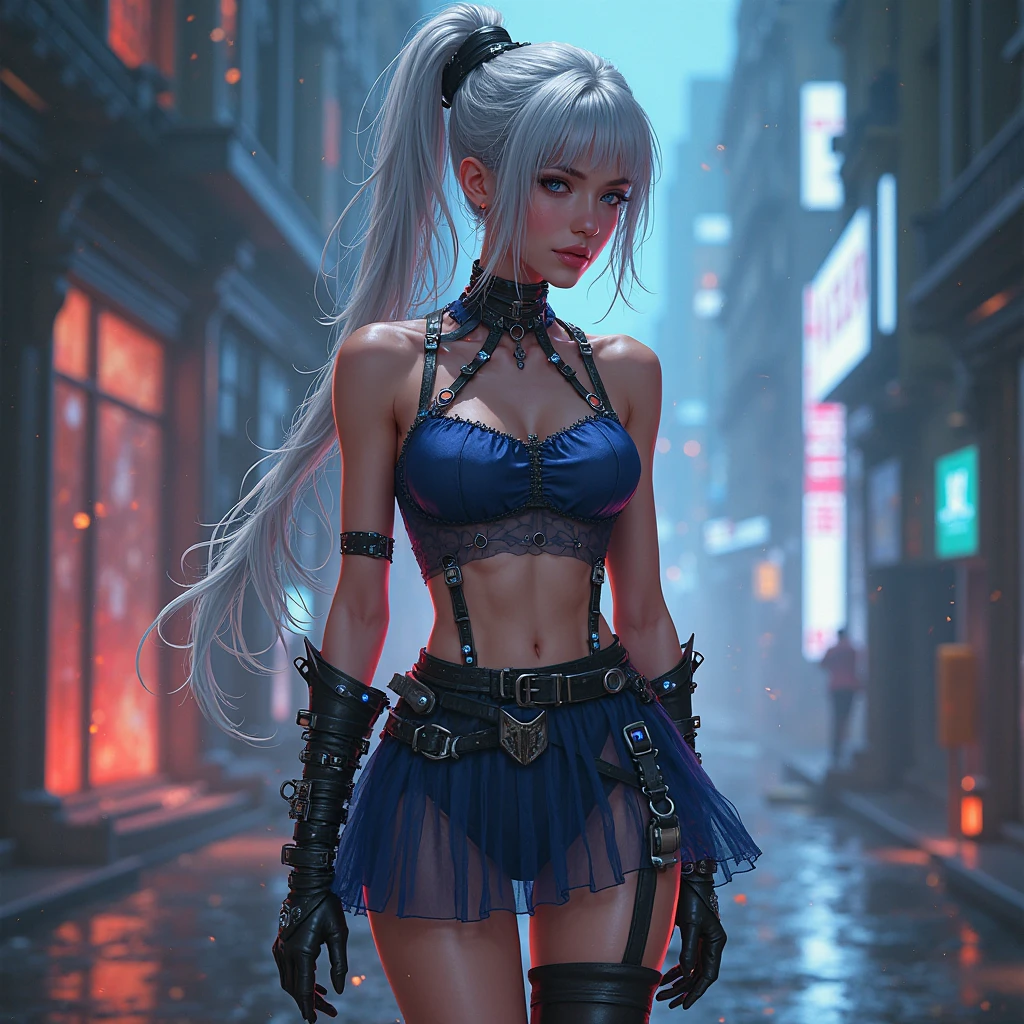 (masterpiece, best quality:1.4), (on the street), (fighting:1.5), (full body:1.2), (blue eyes), (from front), (1girl), (katana in her hand:1.2), solo, (european youth:1), 1girl, yorha no. 2 type b, (white-hair:1), hyperrealistic, high detailed skin, dslr, soft lighting, high quality, highly detailed face, highly detailed skin, skin pores, subsurface scattering, realistic pupils, medium breast, full face blush, full lips, detailed background, depth of field, volumetric lighting, sharp focus, absurdres, realistic proportions, good anatomy, (realistic, hyperrealistic:1.4), 16k hdr,