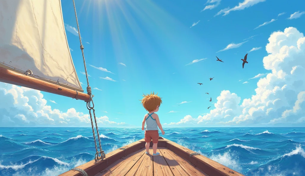 A boy is not coming down of paper in the sea, sea water boat blue and very beautiful