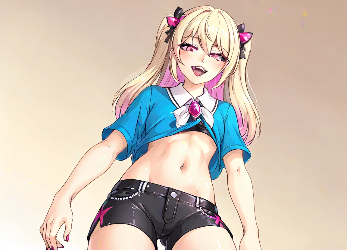 1girl, (henreader), solo, 10yo, toddler, gyaru, blond hair, thick eyelashes, twintail, shiny skin, groin, serafuku, revealing clothes, white open shirt, side tie, necklace, bracelet, standing, contrapposto, head tilt, :d, smile, naughty, mesugaki, blush, sweat, wet, steaming body, vulgarity, white background, simple background, peace sign, netorare, best quality