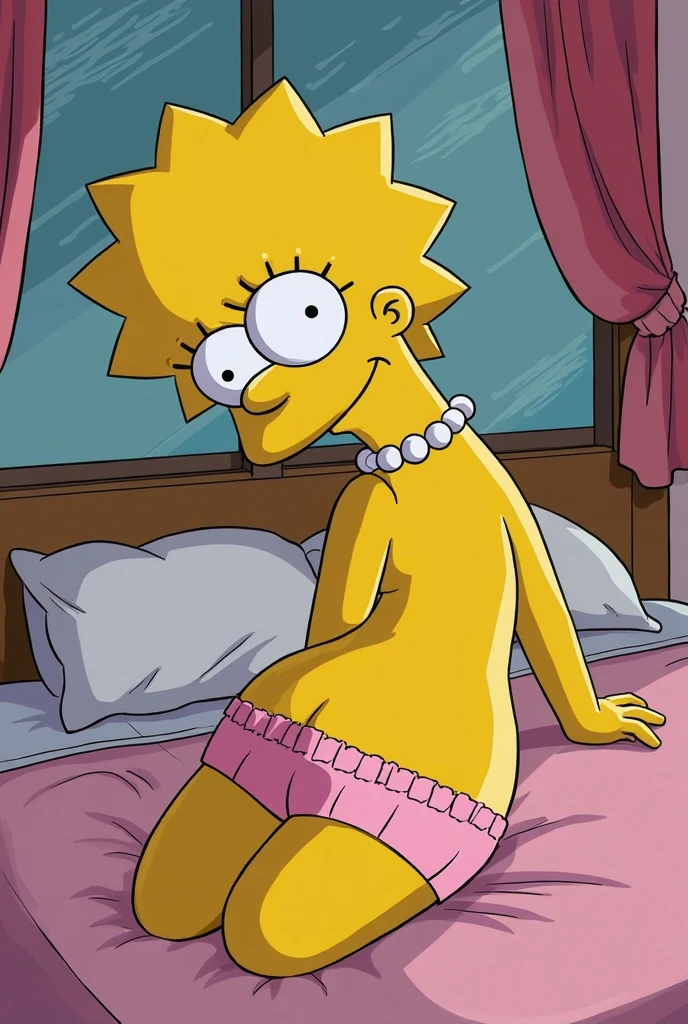 score_8, score_9, BREAK, 1 girl, solo, maggie, yellow skin,hair bow, pacifier, outdoors, adorable, natural lighting, lies on bed, lies on back, spread pussy, sin fondo, nude, de espalda, poto, sexy, piernas abiertas, masturbándose, chibi