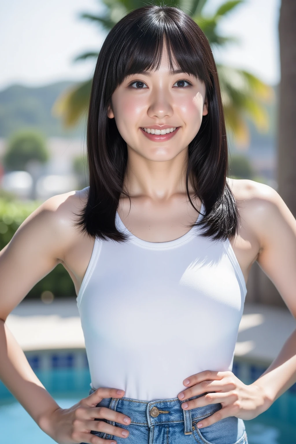 upper body, flat chest, (arms behind back:1.1), make up, sport-bra, baby face, smile, long hair