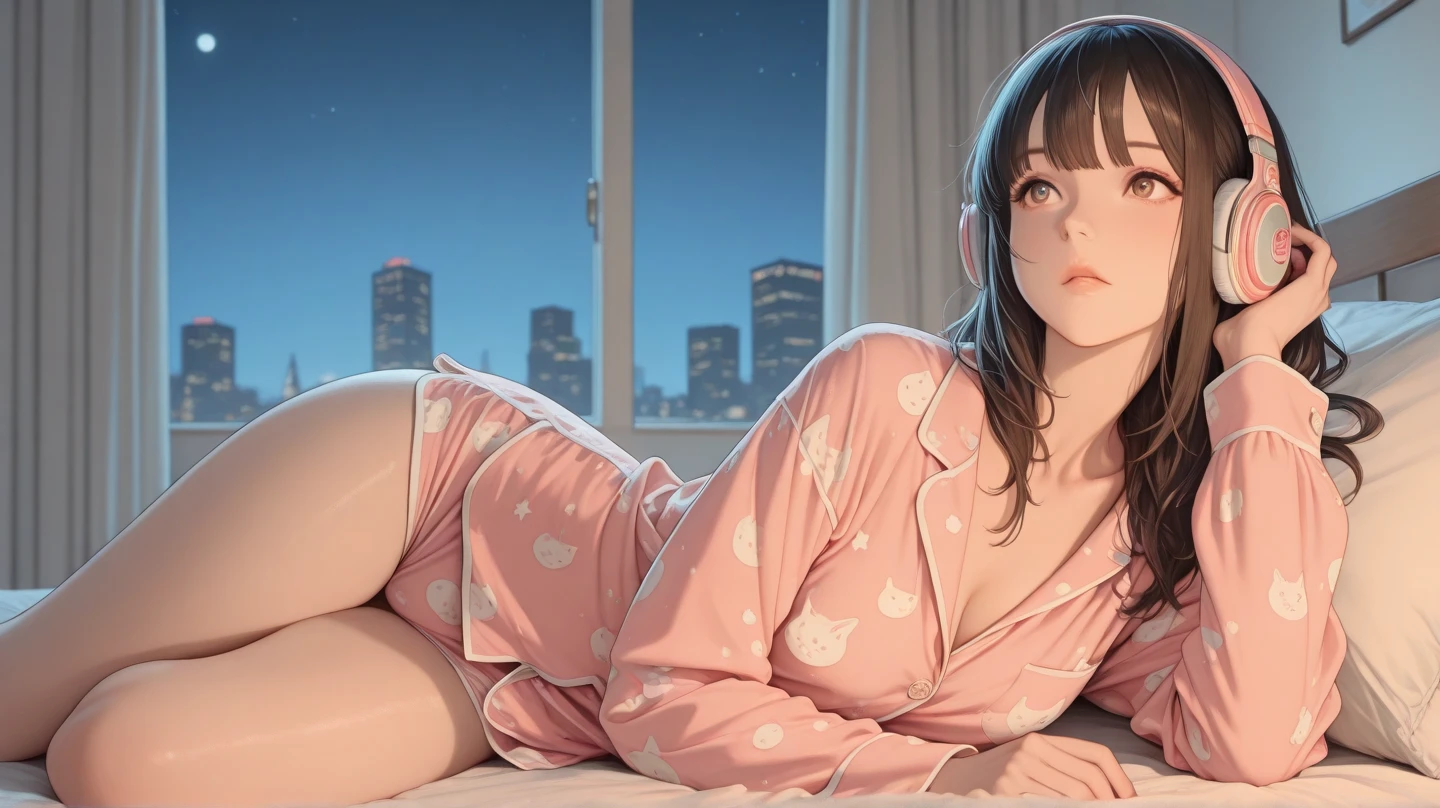 ((Realistic lighting, Best quality, 8K, Masterpiece: 1.3)), Focus: 1.2, 1girl, Perfect beauty: 1.4, Slim Abs: 1.1, ((Long dark brown hair, Big breasts: 1.3)), (Transparent pajamas: 1.5, Black open crotch socks: 1), (Outdoor, night: 1.2), City streets, thin eyes, Double eyelids, hands on head, (lying on bed: 1.4), facing the camera,  legs open, (Full body: 1)