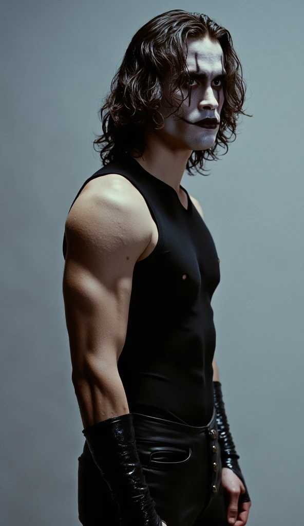 Loki, god of lies, medium black hair and piercing blue eyes, shirtless, wearing only ripped jeans, on a busy street in New York, detailed and realistic image