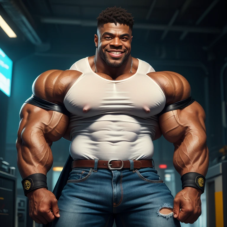 Masterpiece black tall man muscular, 35 years old, wearing a denim onesie, shorts, muscular legs, shinny skin, sweating, no shoes, bold and handsome.