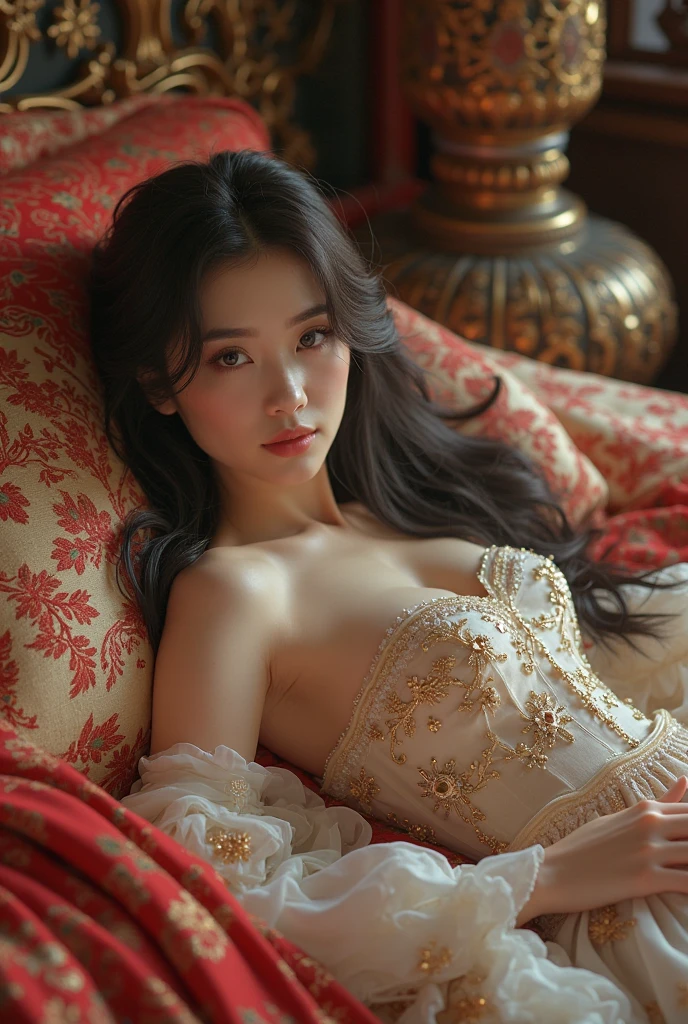 The eldest princess Li Yunrui reclines on the couch，Face full of laziness，Look charming，Wearing only a white jacket，under thin silk，Body curves exposed，There is a hint of youthfulness in the maturity，If the men in the world saw this outfit,，I&#39;m afraid they will all bow down under those bare feet。