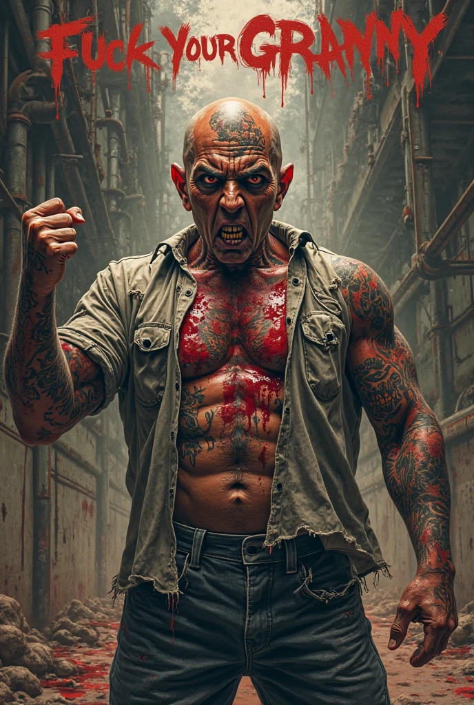 a man with a tattoo on his chest and a red jacket with anger and a baton in his hand