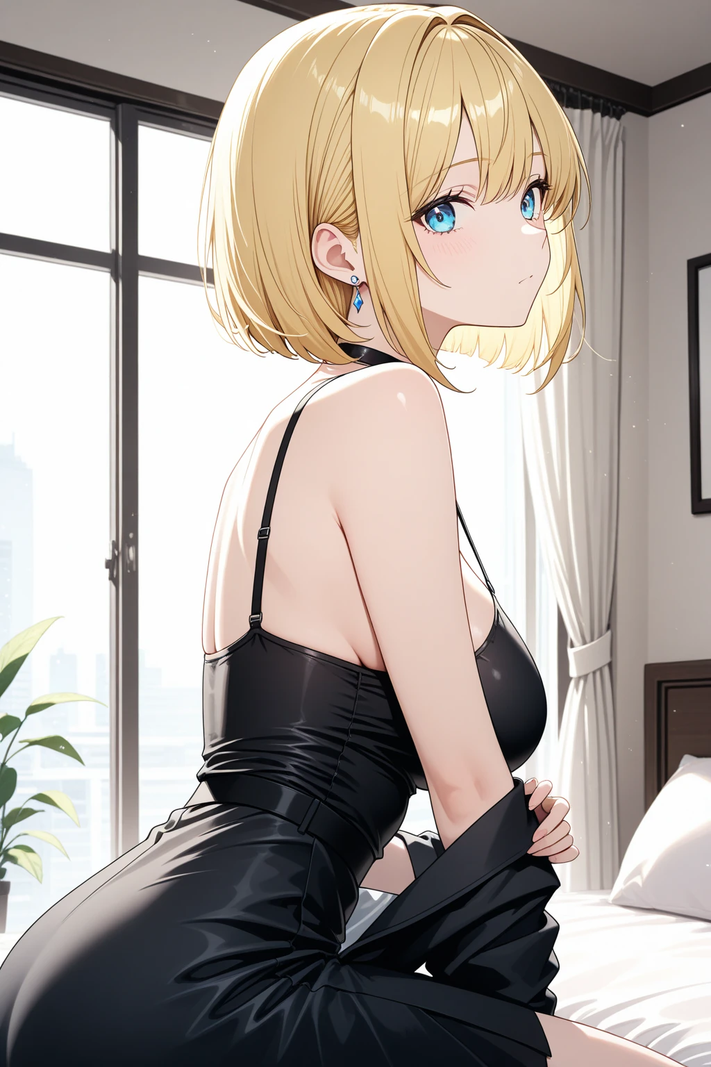 ((sea, beach)), bare legs, ((崖の上に座っている)), (((sunglasses, hand to sunglasses))), (((upper body))), ((wavy hair, inward curled hair)), evening, ((Sunset)), ((blond hair, bob cut:1.3)), breasts, teenager, (looking at viewer), oversized clothes, puffy long sleeves, ((off-shoulder sweater:1.3, Quite thick shoulder straps)), ((black sweater)), collarbone, head tilt:1.3, (((blue eyes))), ((happy smile)), (((anime style))), (best quality, 4K, 8K, highres, masterpiece:1.2, ultra-detailed, ultra-detailed eyes, HDR, uhd, studio lighting, ultra-fine painting, sharp focus, physically-based rendering, extreme detail description, professional, vivid colors, bokeh)
