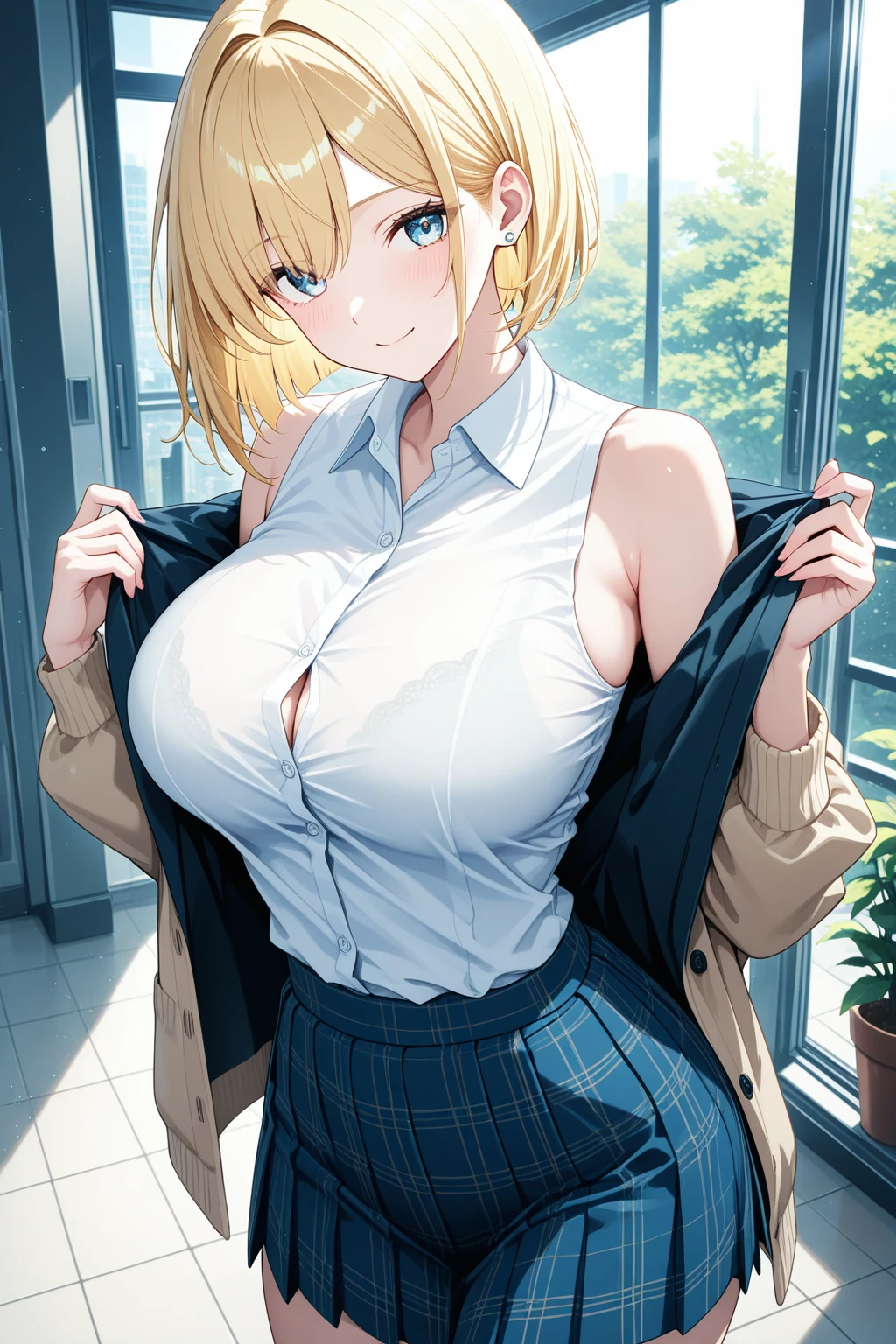 <lora:araneesama:1>araneesama style,1girl,solo,white shirt,mature female, large breast,blondehair,shorthair, looking at viewer, collarbone, collared shirt, (office scenery:1.3),
