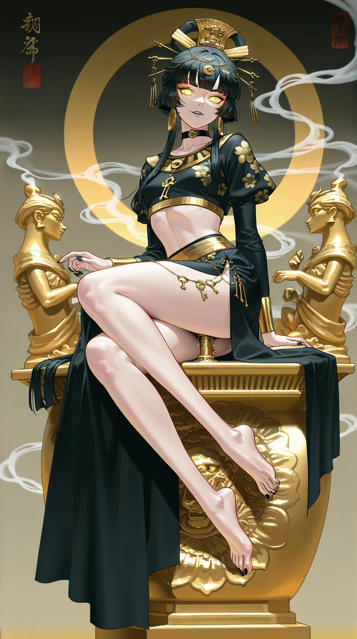 Ukiyo-e style Charles Robinson, Frank Pape, Kay Nielsen, surreal wondrous strange Whimsical absurderes fanciful Sci-Fi Fantasy Sphere mythology. Portrait of goddess sitting on a throne. Melting makeup. Snake around neck. Chains