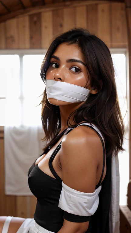 photo , dark brown hair , brown skin , indian , long hair , clear facial features ,, very detailed , 23years old , innocent face , natural wavy hair , high resolution , masterpiece , best quality , intricate details , highly detailed , sharp focus , detailed skin , realistic skin texture , texture , detailed eyes , professional , 4k ,, smile , shot on Canon , 85mm , shallow depth of field , kodak vision color , perfect fit body ,, dripping with sweat , extremely sweaty girl , Balck school bag on bed , white sleeved shirt uniform and grey and black checked short skirt, (hot , shiny oiled skin)), erect nipples, cloth covered eyes, cloth wrapped face, legs are tight around her ankles with thin leather straps, The girl is placed tightly into a large wooden trunk with wheels, she is pack-tied with extremely tight duct tape around her arms, legs and feet, arms behind her back, knees together, legs drawn up against her chest, supertight bondage package, she is tightly gagged with white cloth wrapped around her mouth, very tight against her features, her eyes are blindfolded in the same way with white cloth very tight against her face, she is shrunk inside a large trunk with wheels and tries to escape from that situation, seen from the side, her head points up, covered eyes, supertight wrap tape bondage,