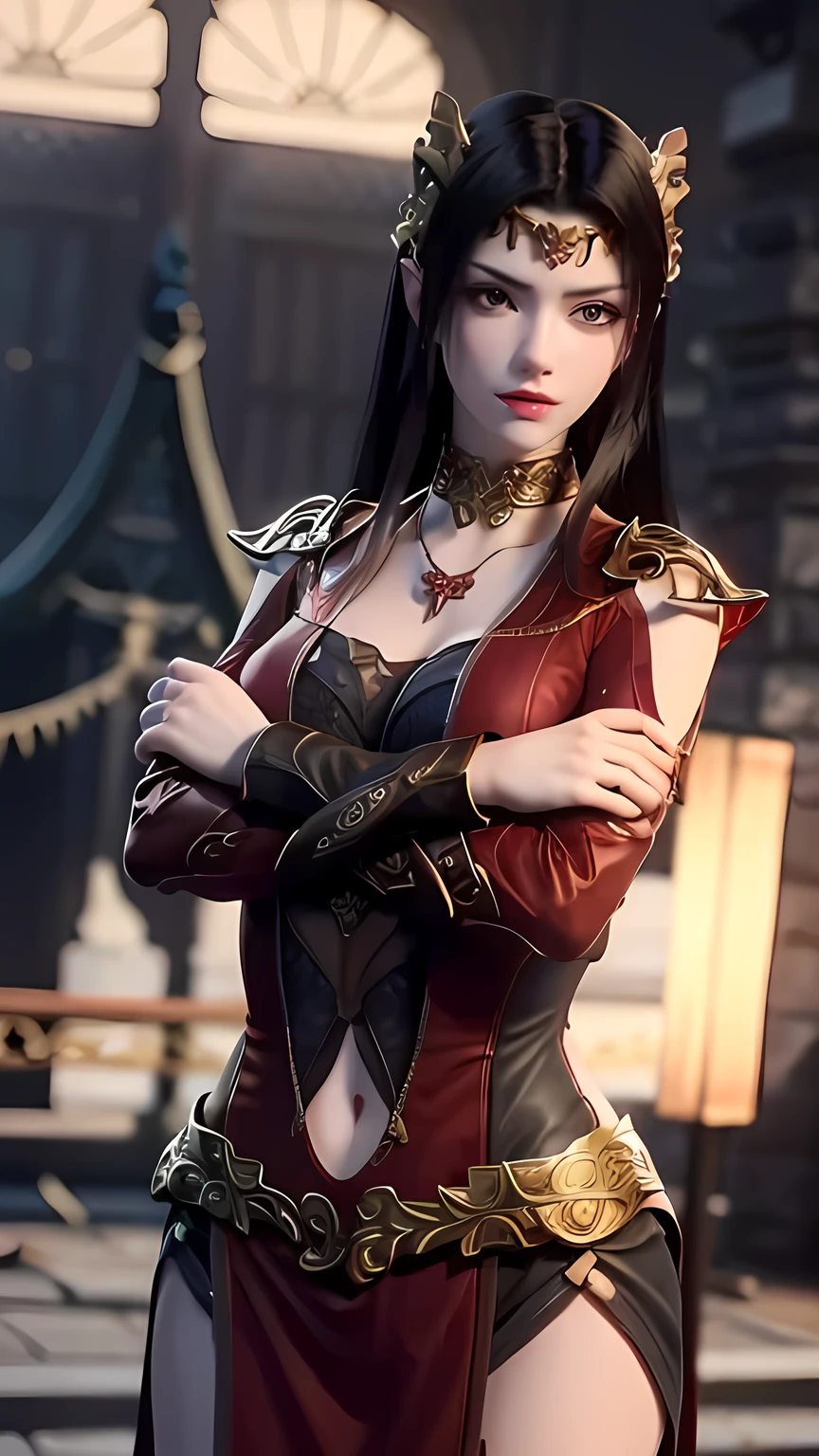 Goth,, , Armadura oriental,4k, cabelos negros com mechas vermelha