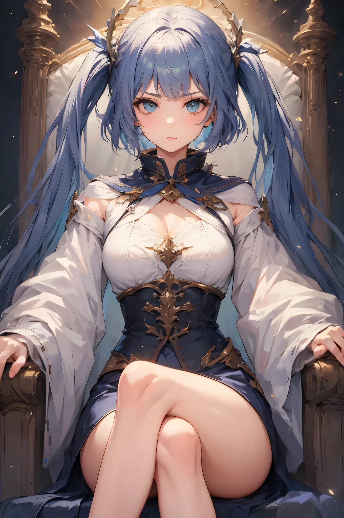 (Realistic), (Highres), 4K, 8K, Detailed Illustration, Ultra-Detailed, Ambient Light, Backlighting, Realistic Shadows, Glowing Particles, Light Particles, Digital Art, Detailed Face, Detailed Hair, (Hyper-Detailed Eyes:1.2), Soft Light, Soft Lighting, (Outdoors:1.15), Renaissance, Renaissance Architecture, Hyper Detailed Architecture, Vintage Windows, Red Curtains, (Throne:1.4), (Sitting on Throne:1.2), Front, Frontal, Huge Throne, Ornate Throne, Royal Throne, Massive Throne, (Blonde Hair:1.15), Bangs, Shiny Hair, short braids, Blue Eyes, Closed Mouth, Dignified Expression, Emotionless, Calm, Confident (Solo:1.4), Mature Female, Sexy Elf Woman, Full Body, Toned Thighs, Narrow Waist, Round Hips, (Huge Perky Breasts:1.1), Crossed Legs, (Crossed Arms:1.1) (Elegant Blue Dress:1.1), Ornate Clothes, Ornate Dress, (Blue Off-Shoulder Dress:1.1), Bare Shoulders, Skindentation, (Blue Dress:1.1), (White Puffy Sleeves, Long Sleeves, Juliet Sleeves:1.1), Long Sexy Dress, cleavage, covered , (Ballroom Gown:1.3), (Frilled Dress:1.3), (Jewelry:1.15), Collar, Gorget, Gold-Trim, Regalia, Knight (NSFW 1.1)