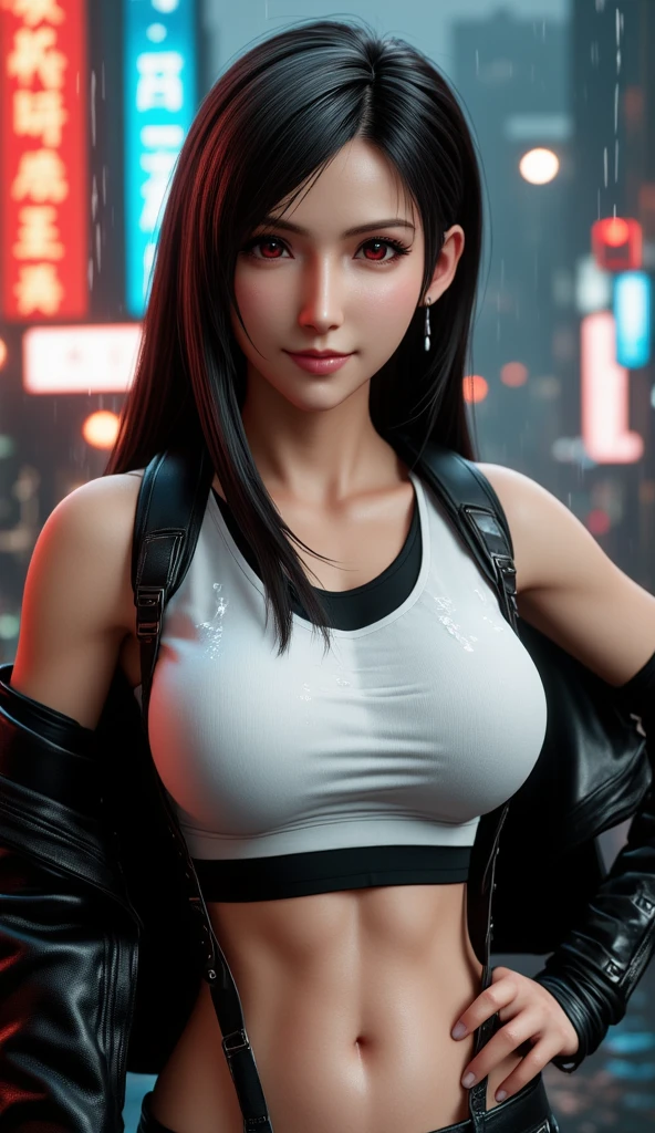 (Photorealistic: 1.4), top quality, very delicate and beautiful, high resolution, 1girl, tifa_lockhart, smile, cowboy shot, suspenders, low rise, mini skirt, tank top, tense shirt, black hair, long hair, elbow gloves, beautiful detailed red eyes, face light, movie lighting, navel, high exposure, abdomen exposure, ribs, abs, ( gigantic breasts: 1.2), dynamic poses, dynamic angles,
