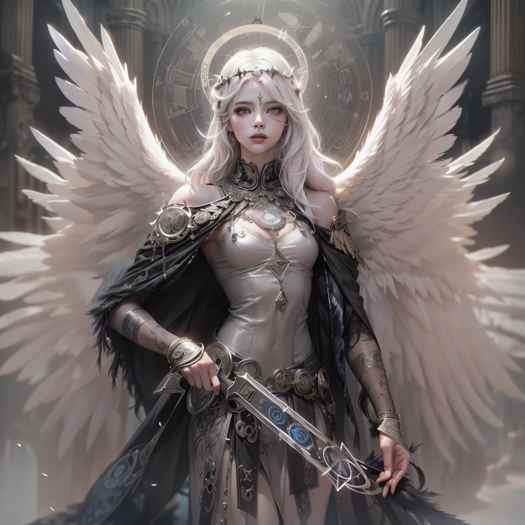silver haired angel with rebecca ferguson face, silver eyes, grey feathered angel wings, wearing revealing golden armor, slim, lithe, small breasts, sad, pensive, dark background