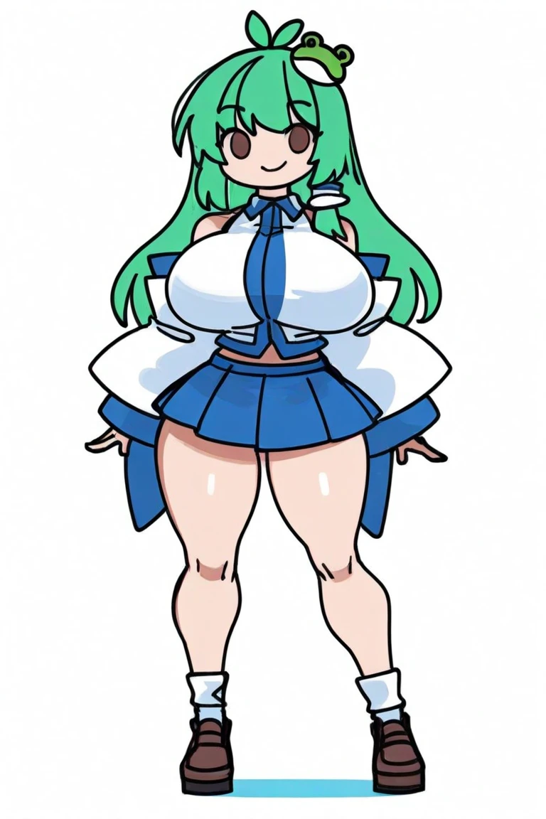 masterpiece, best quality, highres, kr1, multicolored hair, dyed bangs, white shirt, sleeveless, green skirt, black thighhighs, pleated skirt, cowboy shot, standing, hands om hip, smile, thick thighs, large breasts