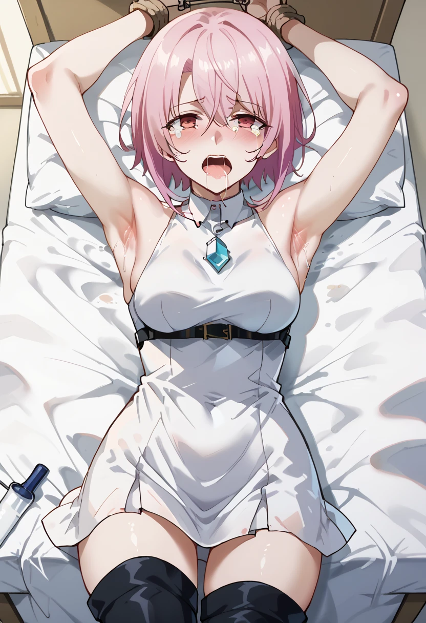 (Highest quality), (masterpiece), highly detailed, highly detailed face, Mature Woman, Nakano Ichika is sleeping in bed in a kimono with her legs spread and not realizing that I am penetrated while having sex with her, whole body, Eyes that are evenly shaped, She has a full head of pubic hair, Beautiful Vagina, Her love juices entangled in her vagina and my penis inserted in her vagina, Pink Hair, asymmetry short hair, A small cross-section of a uterus with a penis expelling semen in the background, Sleeping with both eyes closed, Clear and precise depiction of insertion area, Very small but firm breasts,